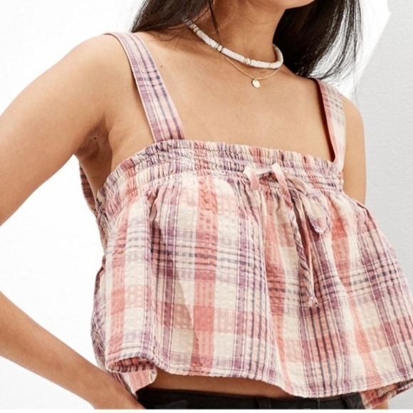 American Eagle Outfitters Tops - American Eagle Outfitters Pink and White Smocked Tie Front Crop‎ Tank Top women